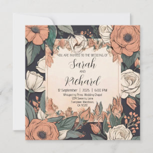 Invitation Design floral chic avec des accents corail et crèm