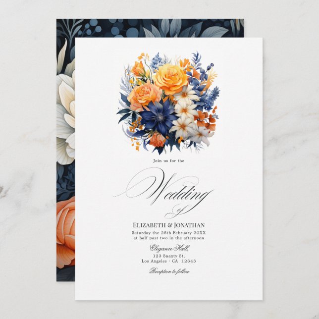 Invitation Design floral élégant marine et orange aquarelle m (Devant / Derrière)