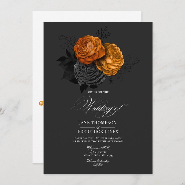 Invitation Design floral gothique noir et orange élégant (Devant / Derrière)