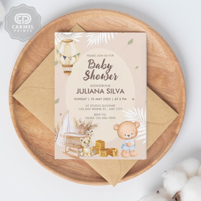 Invitation Design floral moderne rose blanc ours en tourbe (Modern Pink White Teddy Bear Floral Design Invitation)