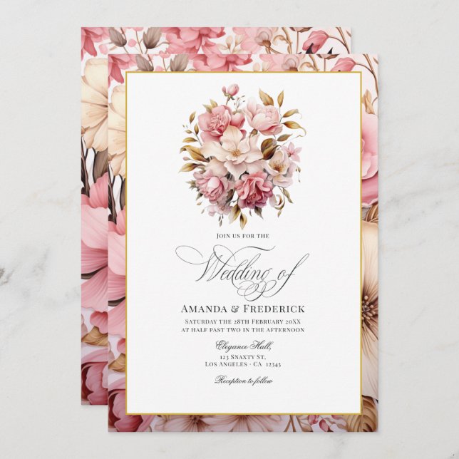 Invitation Design floral rose et or chic (Devant / Derrière)