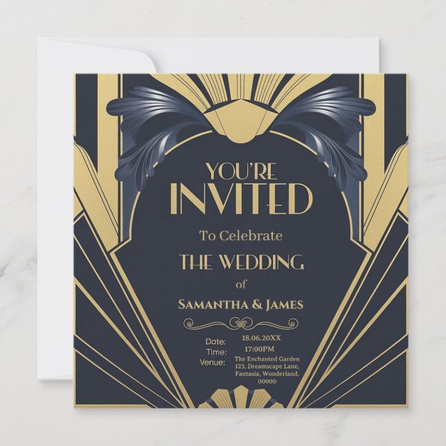 Invitation Design Mariage Art Déco élégant - Marine & Or (Devant)