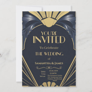 Invitation Design Mariage Art Déco élégant - Marine & Or