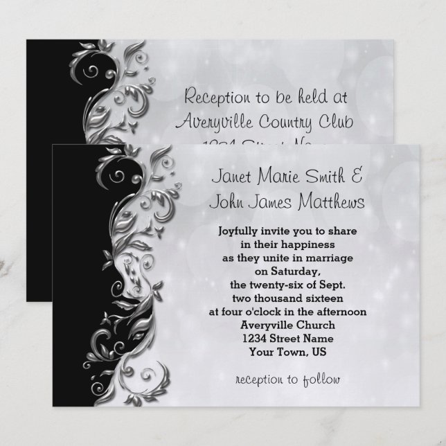 Invitation Design Mariage Floral Noir & Argent (Devant / Derrière)