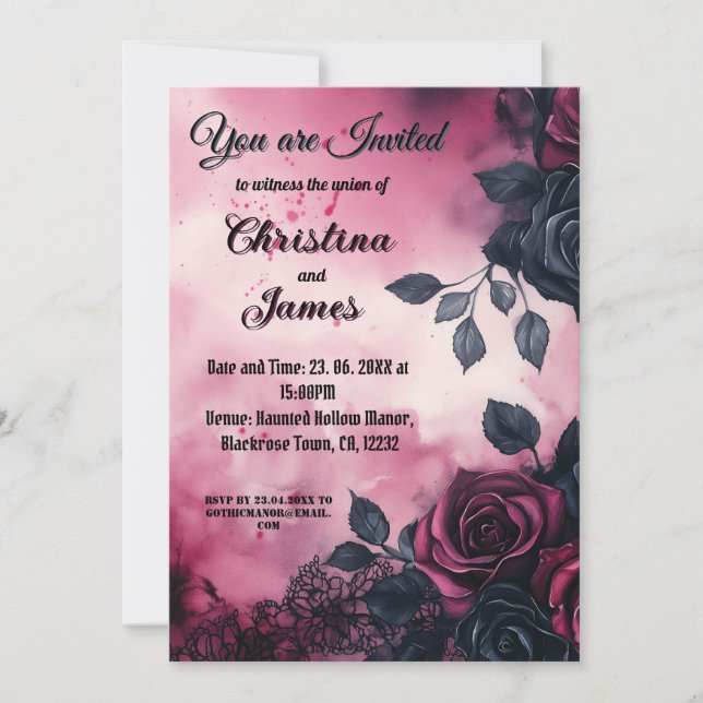 Invitation Design Mariage gothique : Roses foncés & dentelle (Devant)