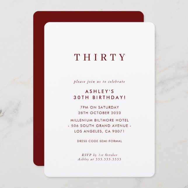 Invitation design MINIMALIST anniversaire chic marron vin mod (Devant / Derrière)