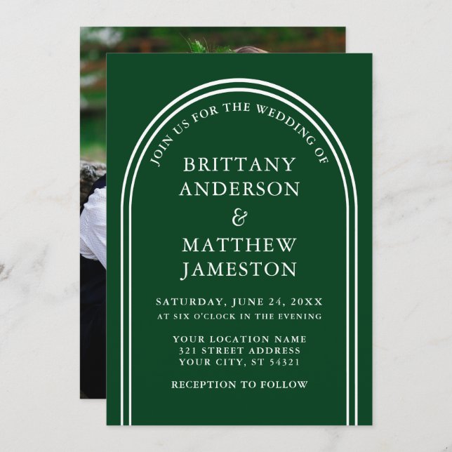 Invitation Design moderne Arch Mariage Photo verte (Devant / Derrière)