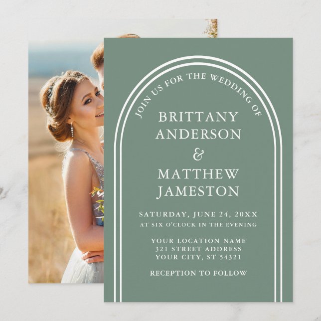 Invitation Design moderne Arch Mariage Sage Green Photo (Devant / Derrière)