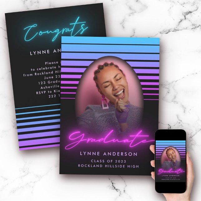 Invitation Design moderne les années 70 Retro Neon Photo Grad (Créateur téléchargé)