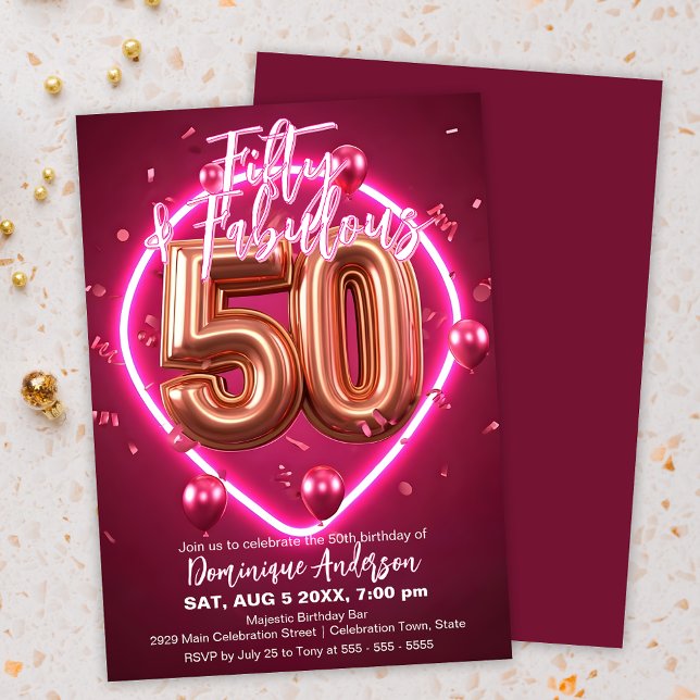 Invitation Design Rose Gold et rose Neon 50e anniversaire (Créateur téléchargé)