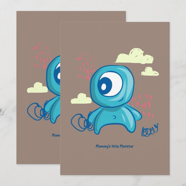 Invitation Dessin à la main de monstre bleu personnage de des (Devant / Derrière)