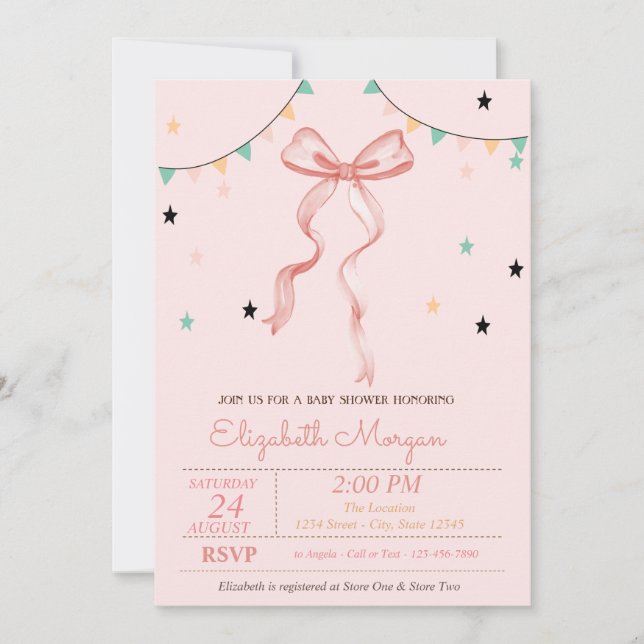 Invitation Dessin à la main d'étoiles à arc rose Baby Shower (Devant)