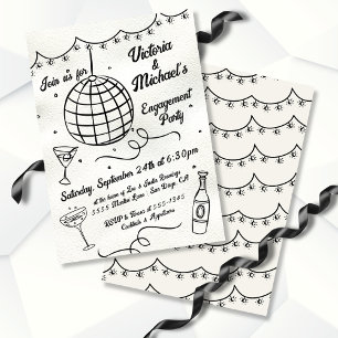 Invitation Dessin à la main Disco Ball Funky Engagement Party