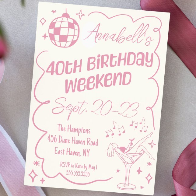 Invitation Dessin à la main Disco rose 40e anniversaire Week- (Pink cute hand drawn doodle 40th birthday girls weekend itinerary invitation disco party pink)