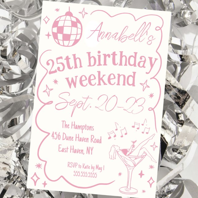 Invitation Dessin à la main Disco rose Fête d'anniversaire Fi (hand drawn quirky disco party invitation birthday party pink fun girls weekend itinerary invite cute)