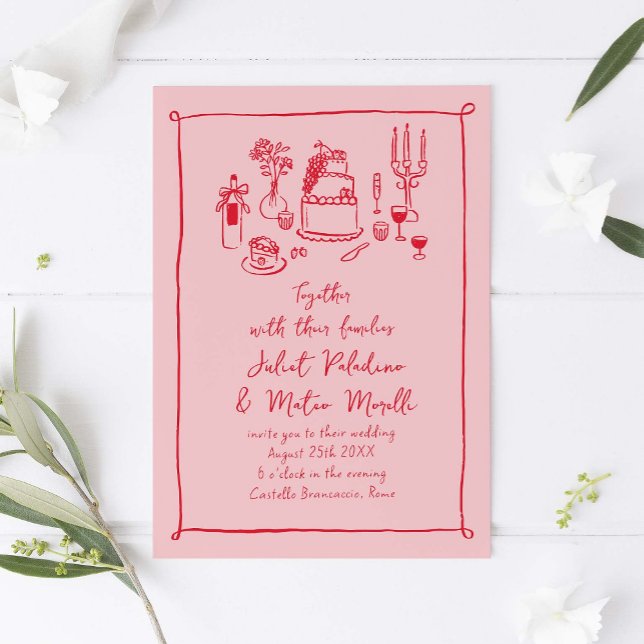 Invitation Dessin à la main Doodle Nourriture et Boire Mariag (pink quirky hand-drawn wedding invitation)