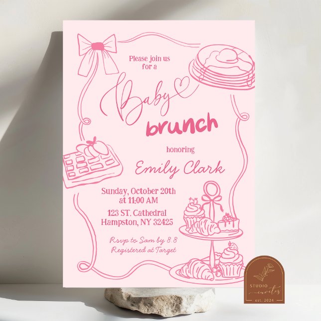 Invitation Dessin à la main Doodles rose Baby Brunch Invitati (Créateur téléchargé)