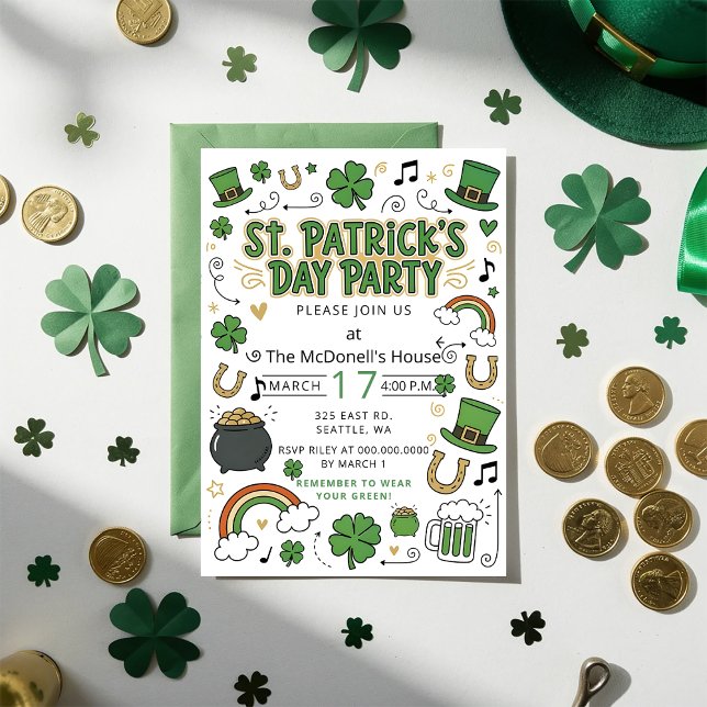 Invitation Dessin à main levée doodle Saint-Patrick fantaisis (Hand Drawn Doodle Whimsical St Patricks Day Invitation)