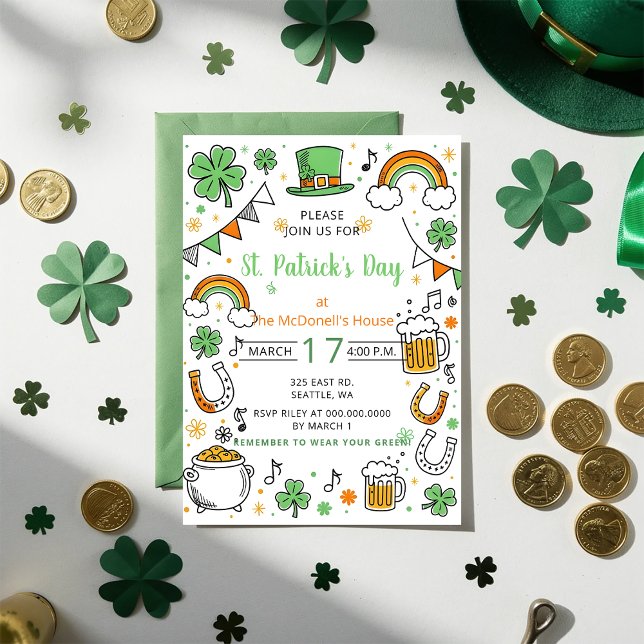 Invitation Dessin à main levée doodle Saint-Patrick fantaisis (Hand Drawn Doodle Whimsical St Patricks Day Invitation)
