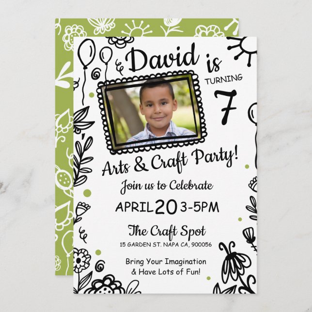 Invitation Dessin amusant Doodle Crafts Anniversaire Fête Inv (Devant / Derrière)