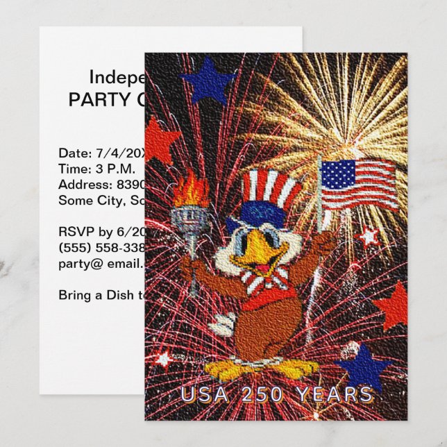Invitation Dessin animé de 250 ans Aigle Drapeau USA & Feux d (Devant / Derrière)