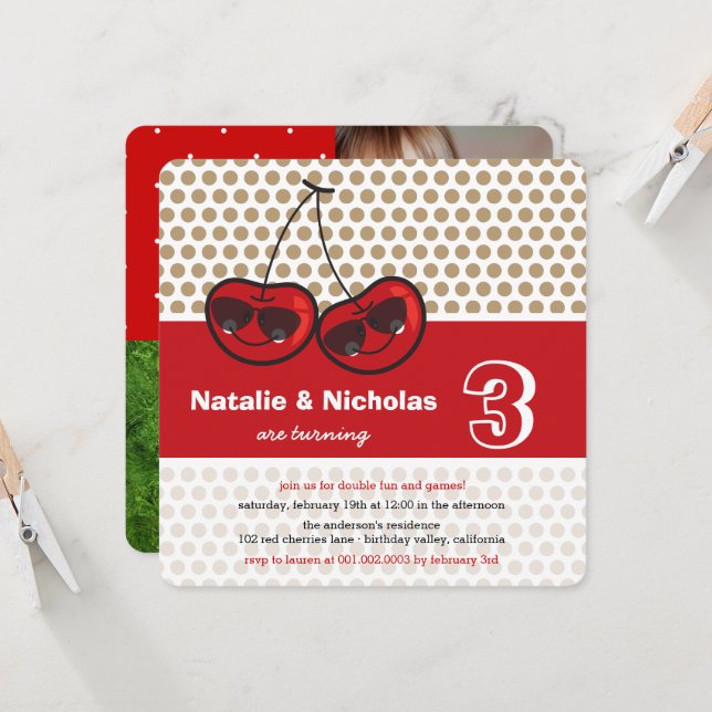 Invitation Dessin Cool Fête Cerises Twins Anniversaire Photo (Devant/Arrière en situation)