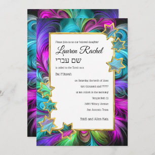 Invitation Dessin couleur pastel bat mitzvah Gold Stars