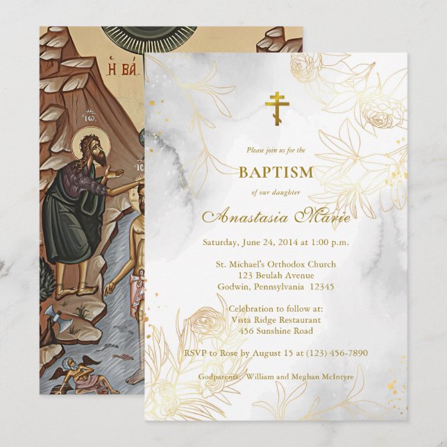 Invitation Dessin de fleurs à la ligne d'or Baptême orthodoxe (Devant / Derrière)