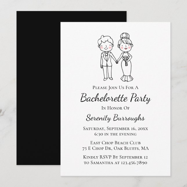 Invitation Dessin de mariée Groom Black Bachelorette Party (Devant / Derrière)