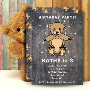 Invitation Dessin de nounours mignon en bois rustique pour ga