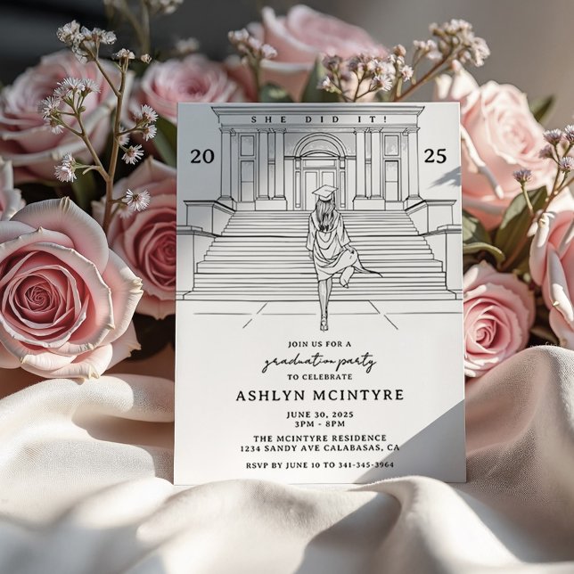 Invitation Dessin féminin et élégant (Feminine Graduation Invitation with sketch of beautiful girl walking up the steps of a university. )