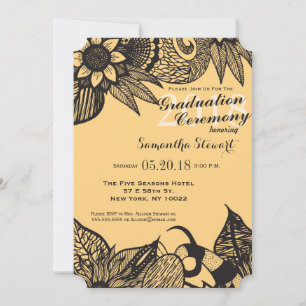 Invitation Dessin floral jaune noir et or
