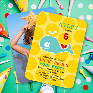 Invitation Dessin Green Whale Pool Party Fille Photo Annivers