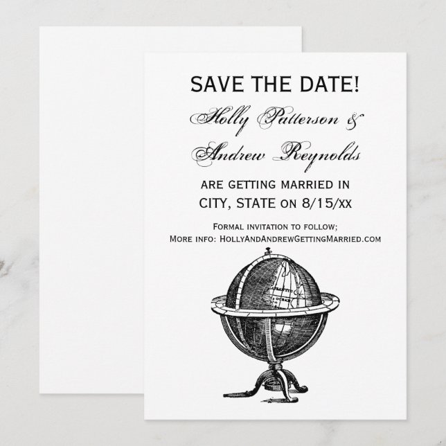 Invitation Dessin lithographique d'un globe terrestre vintage (Devant / Derrière)