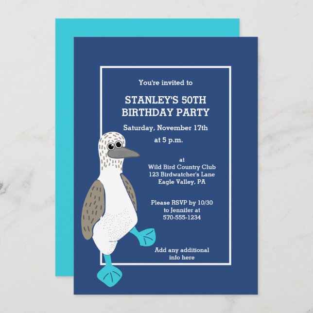 Invitation Dessin personnalisé Bleu Pied Booby Party (Devant / Derrière)