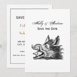 Invitation Dessin tête de sanglier vintage en noir et blanc