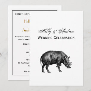 Invitation Dessin vintage de sanglier en noir et blanc