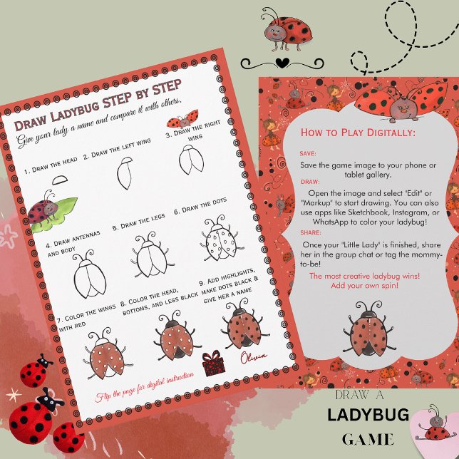 Invitation Dessinez une coccinelle Jeu de Baby Shower | Numér (Draw a Ladybug Baby Shower Game  Digital & Print Invitation)