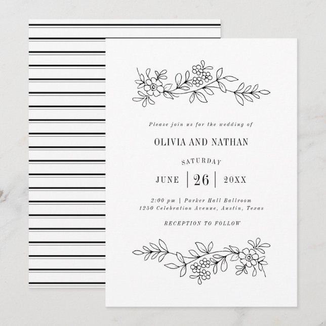 Invitation Dessins de ligne botanique noir et blanc | Mariage (Devant / Derrière)