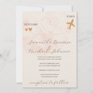 Invitation Destination avion à l'étranger mariage beige