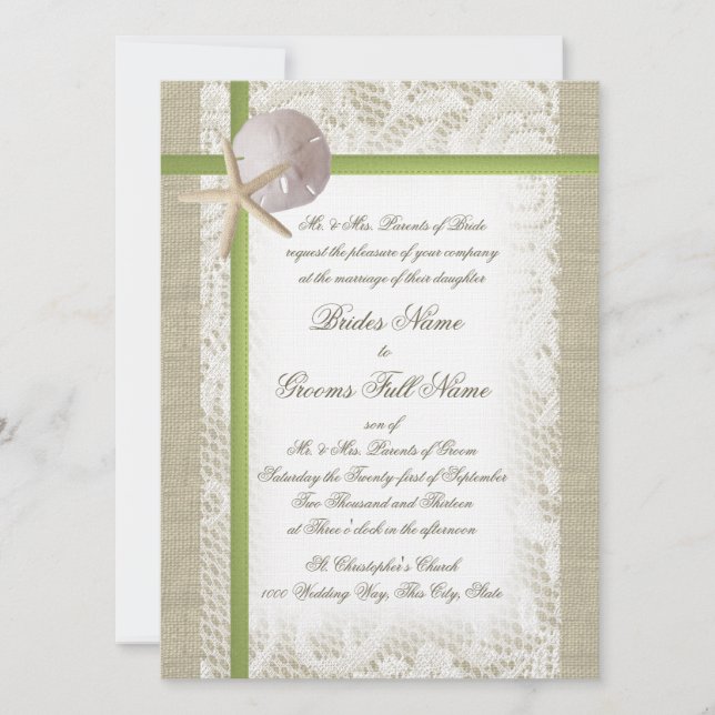 Invitation Destination Beach Burlap et Mariage de dentelle (Devant)
