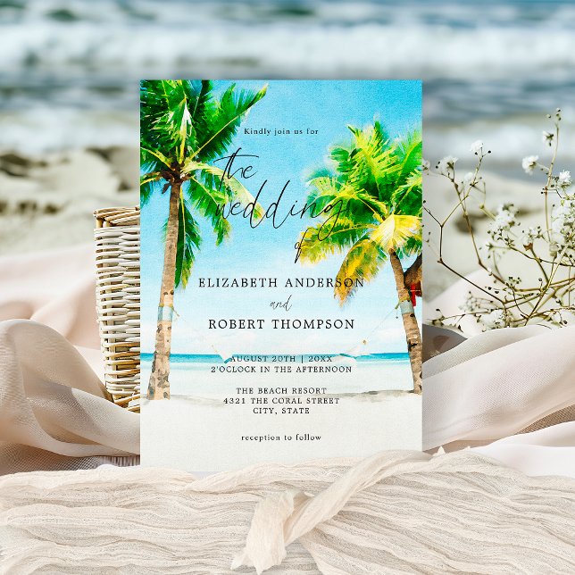 Invitation Destination de mariage avec palmiers sur une plage (Créateur téléchargé)