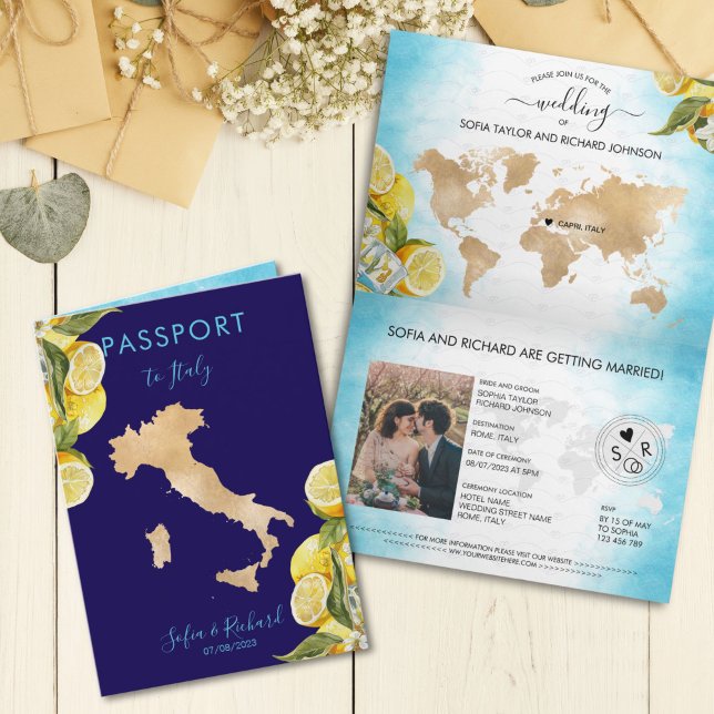 Invitation Destination de mariage Lemon Summer Passport Itali (italian passport wedding invitation)