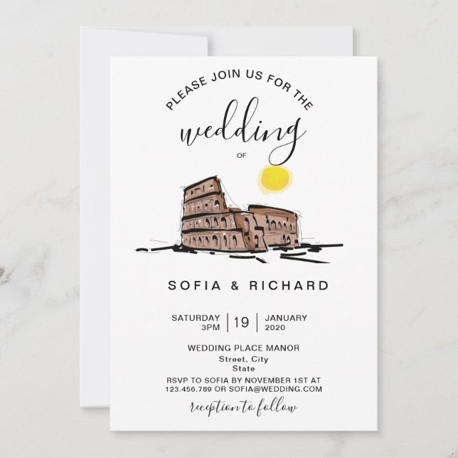 Invitation Destination de mariage moderne Rome Italie Colisée (Devant)