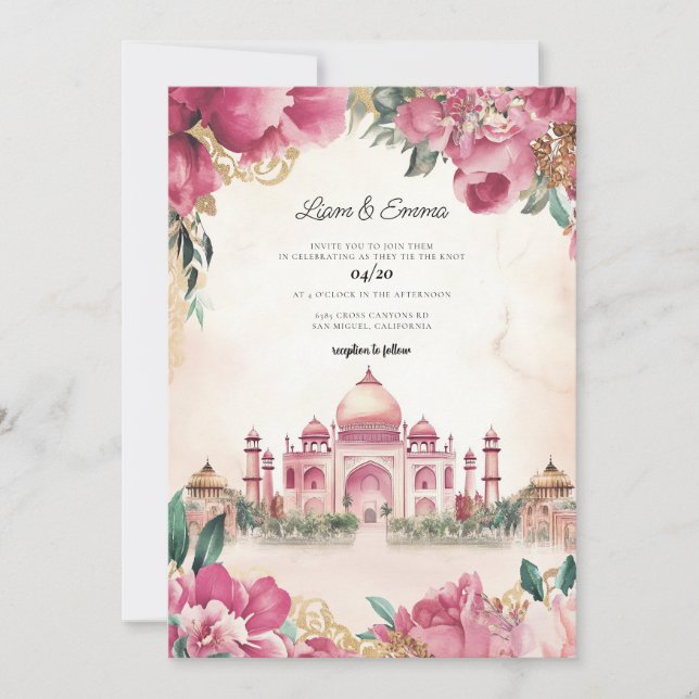 Invitation Destination du Mariage d'aquarelle en Inde (Devant)