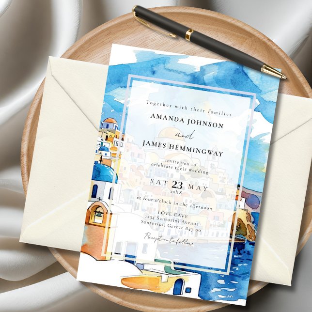 Invitation Destination élégante Santorin Grèce Bleu & Blanc (Elegant Santorini-inspired wedding invitation featuring watercolor artwork of Greek architecture.)