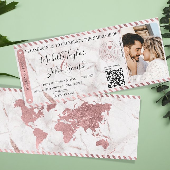 Invitation Destination Mariage Gold Boarding Pass QR Code Inv (rose gold world map boarding pass with photo)