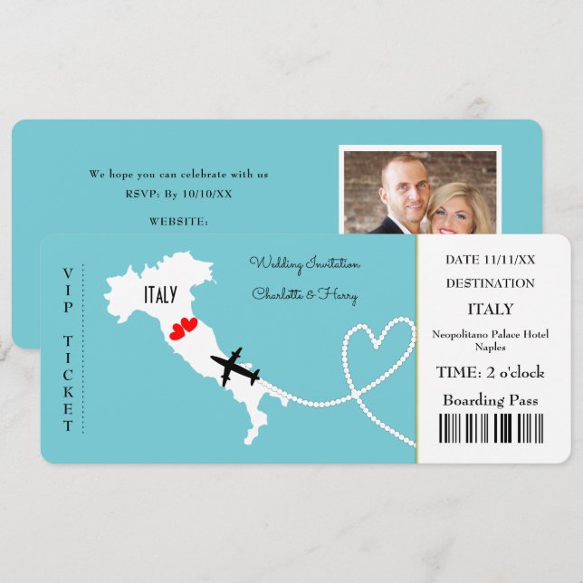 Invitation Destination Mariage Italie Europe Ticket Invitatio (Devant / Derrière)
