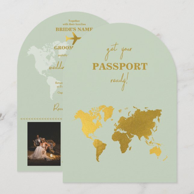 Invitation Destination Mariage Monde Passport Sage Vert Or (Devant / Derrière)