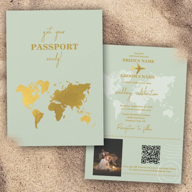 Invitation Destination Mariage Monde Passport Sage Vert Or (Destination Wedding World Passport Sage Green Gold Invitation)